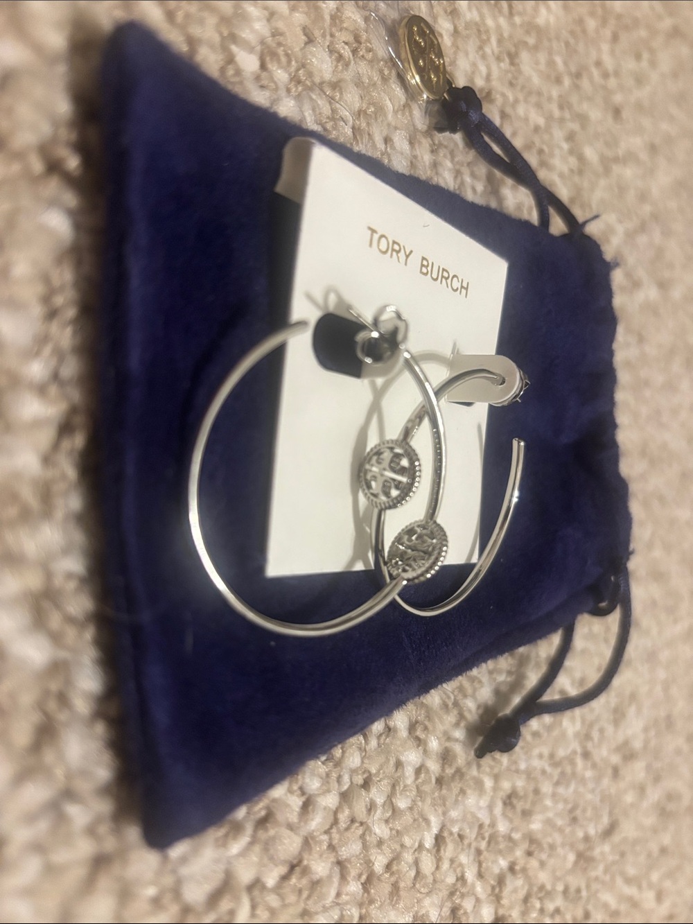 Tory Burch Silver Rope Logo Hoop Earrings